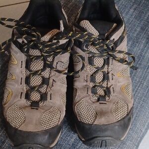 Mens Merrell Tan and Black Athletic Shoes with Yellow Accents